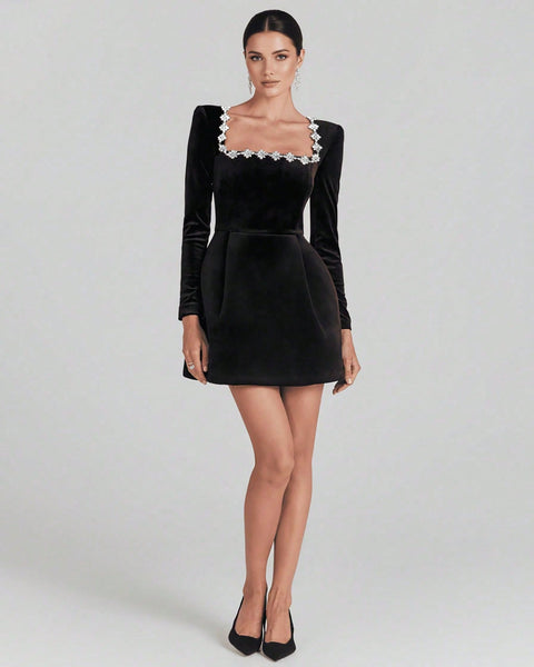 Square Collar Rhinestone Mini Velvet Dress