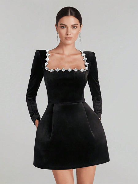 Square Collar Rhinestone Mini Velvet Dress