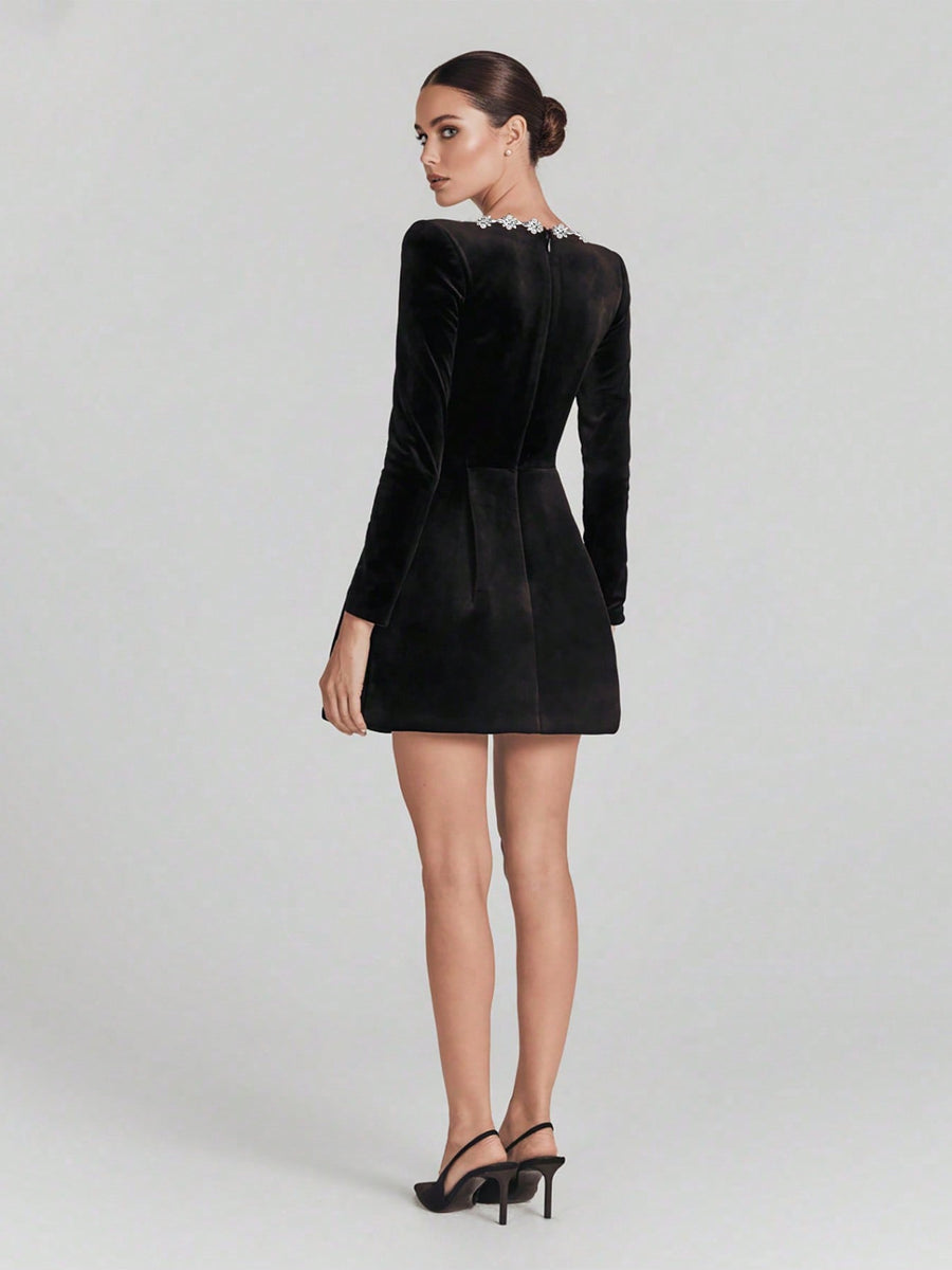 Square Collar Rhinestone Mini Velvet Dress