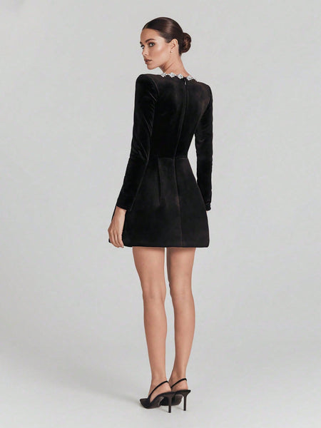 Square Collar Rhinestone Mini Velvet Dress