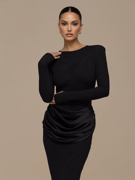 Figurbetontes Maxikleid mit Rundhalsausschnitt und Rüschen