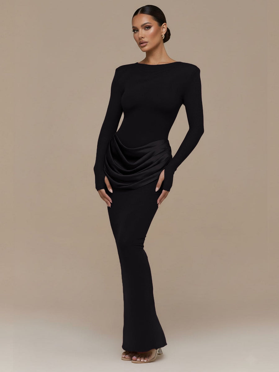 Figurbetontes Maxikleid mit Rundhalsausschnitt und Rüschen