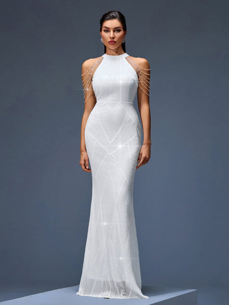 Elegant evening gown with beaded chain and fringe