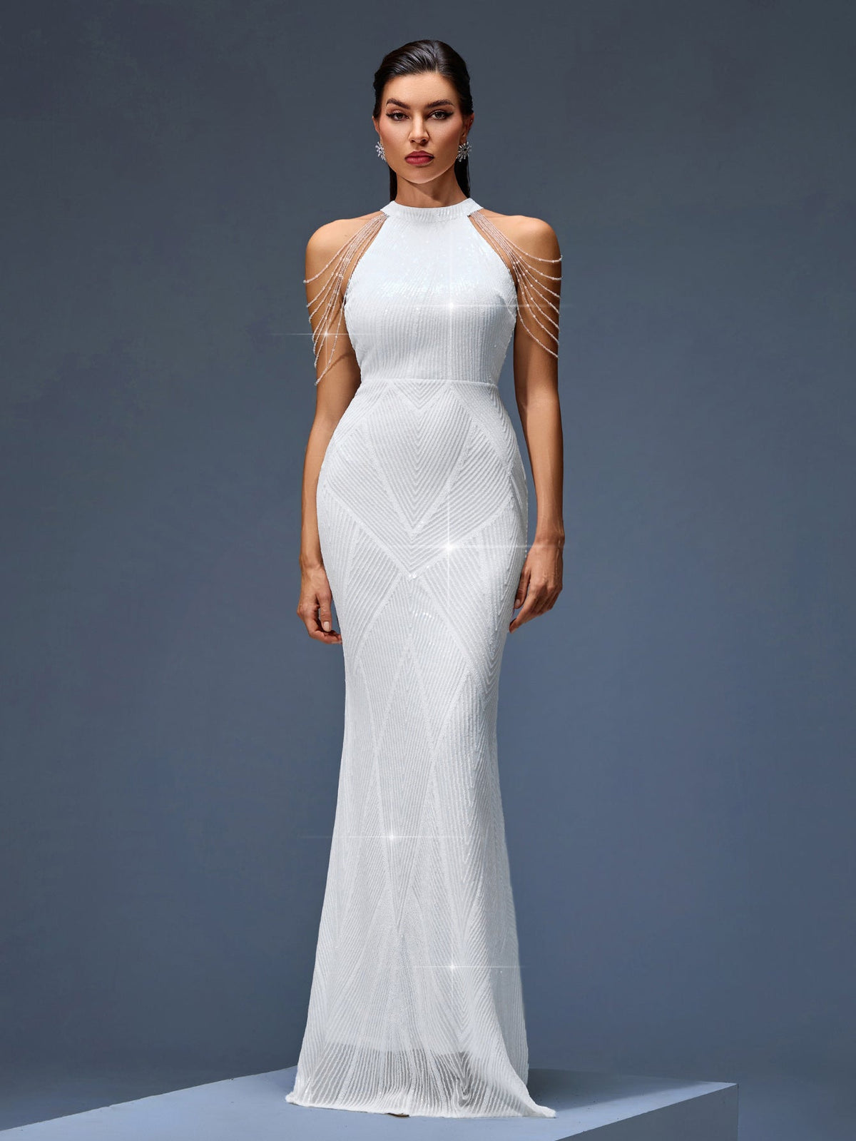 Tallulah Montclair — Elegant evening gown with beaded chain and fringe
