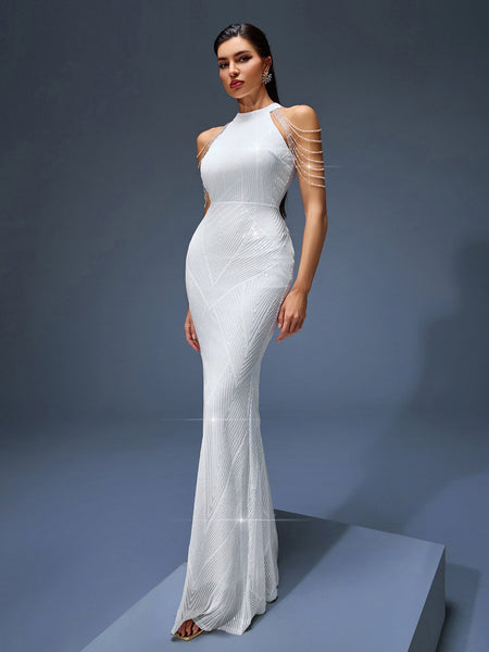 Elegant evening gown with beaded chain and fringe