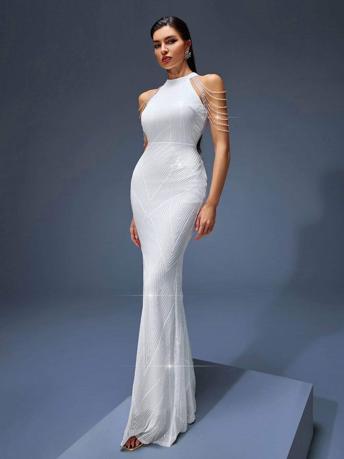 Tallulah Montclair — Elegant evening gown with beaded chain and fringe, alternate view 5