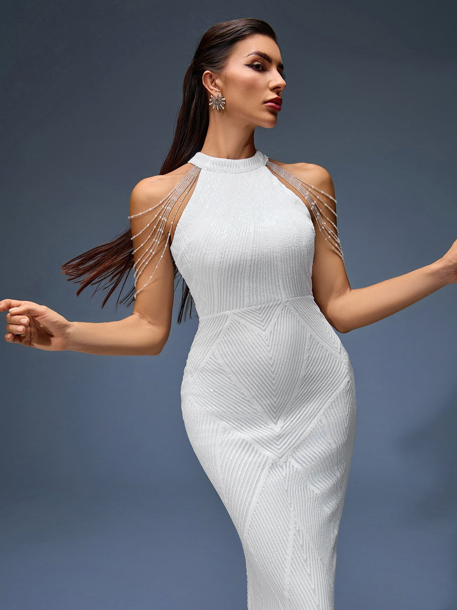 Elegant evening gown with beaded chain and fringe