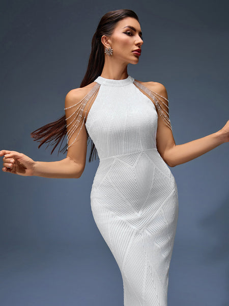 Elegant evening gown with beaded chain and fringe