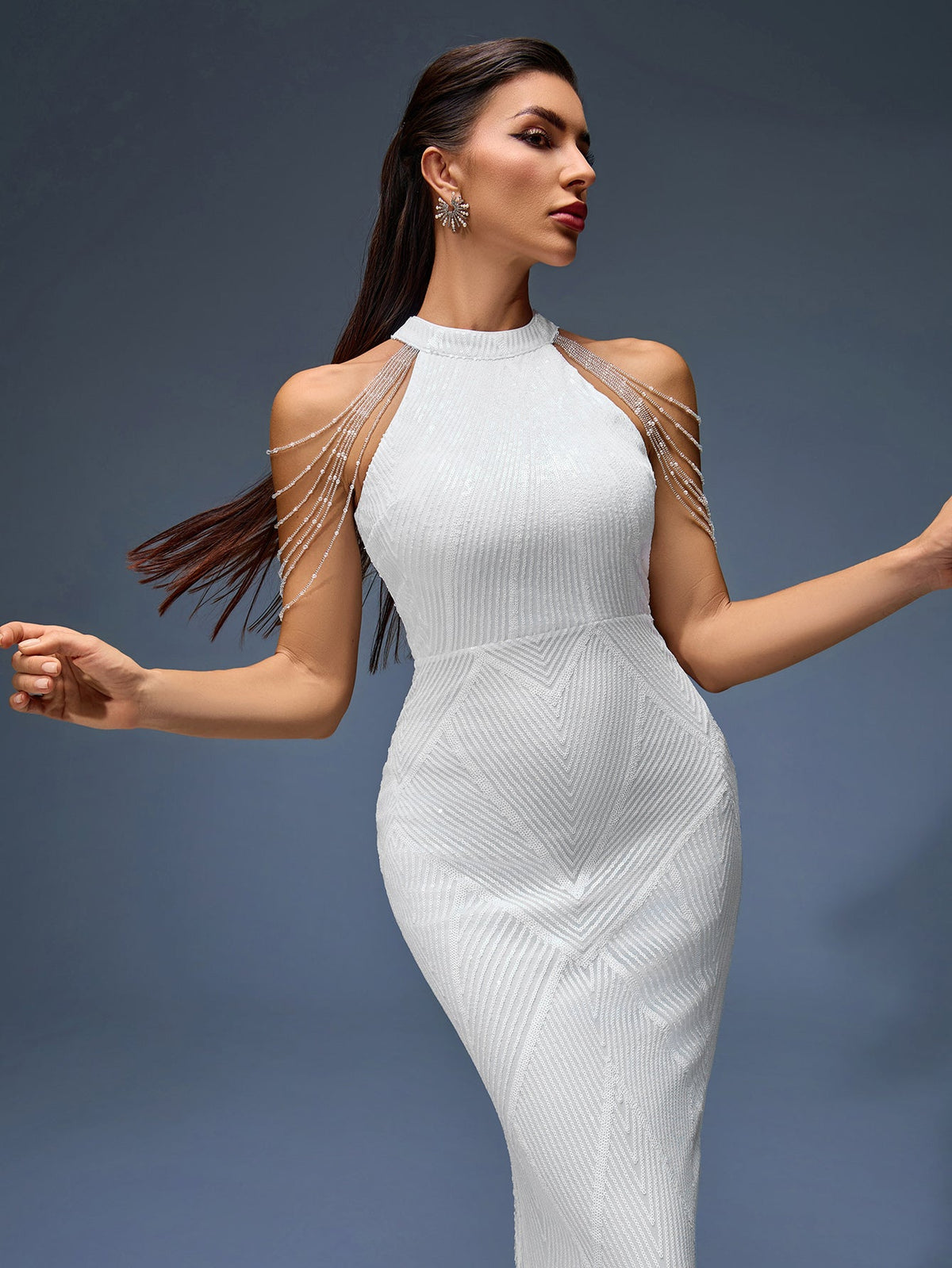 Tallulah Montclair — Elegant evening gown with beaded chain and fringe, alternate view 3