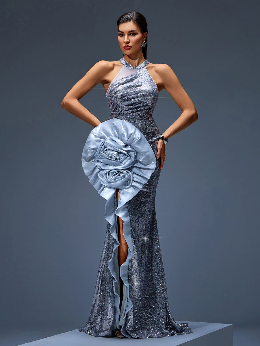 Shimmering Mermaid Dress with Glittering Sequins and Rolled Flower Details