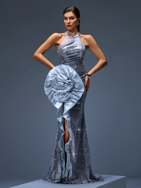 Shimmering Mermaid Dress with Glittering Sequins and Rolled Flower Details