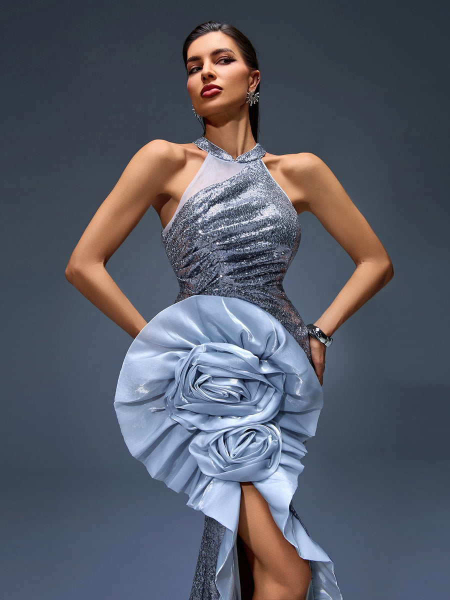 Shimmering Mermaid Dress with Glittering Sequins and Rolled Flower Details