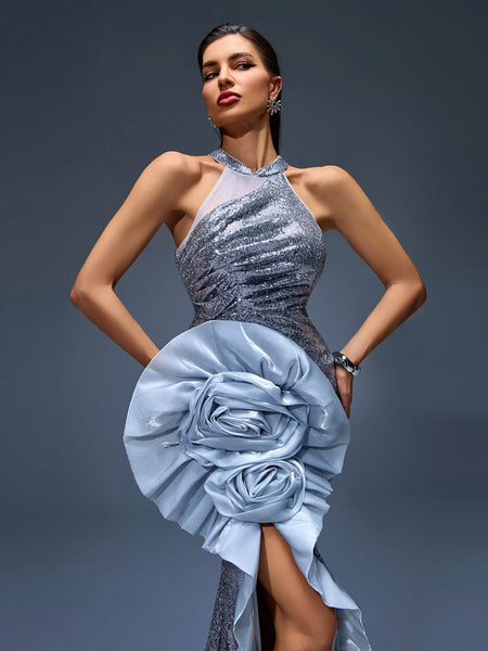 Shimmering Mermaid Dress with Glittering Sequins and Rolled Flower Details