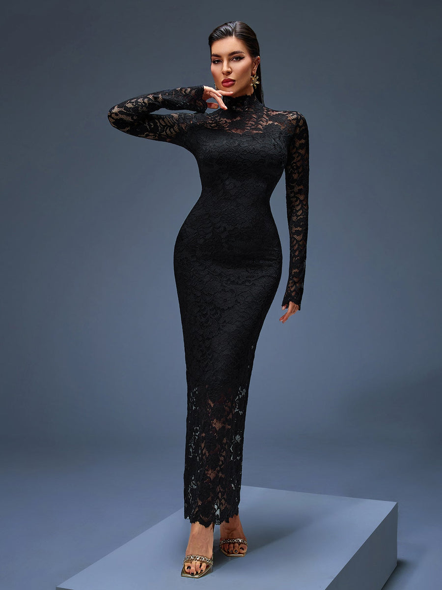 Elegant Long Lace Dress with High Collar