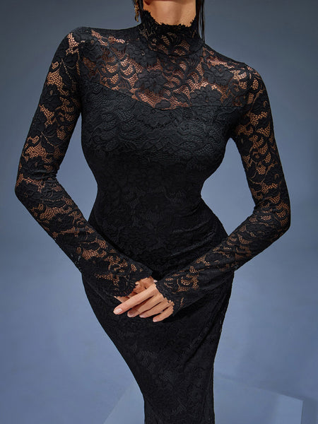 Elegant Long Lace Dress with High Collar