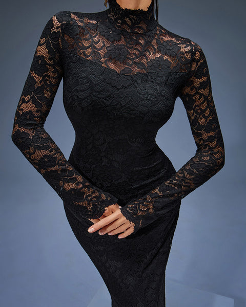 Elegant Long Lace Dress with High Collar