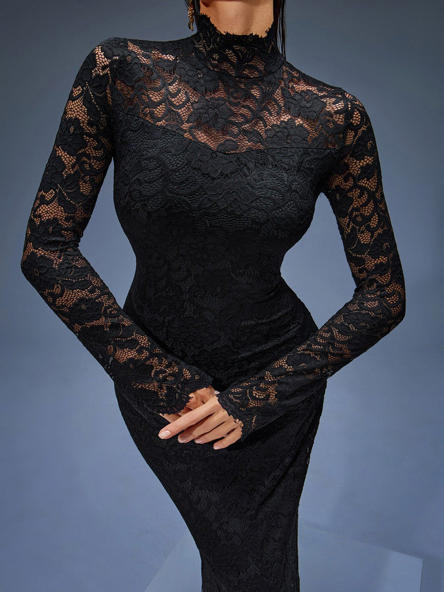 Sylvie Montclair — Elegant Long Lace Dress with High Collar, alternate view 2