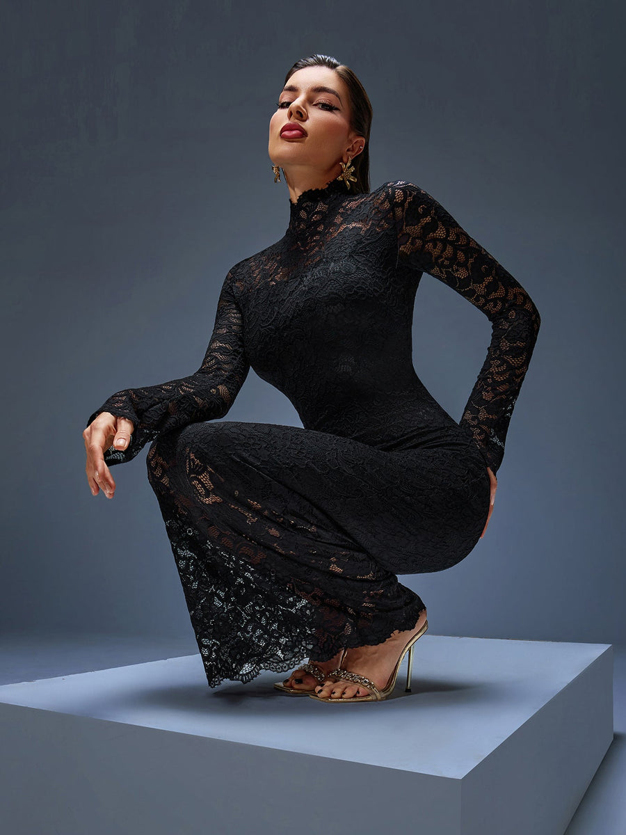 Elegant Long Lace Dress with High Collar