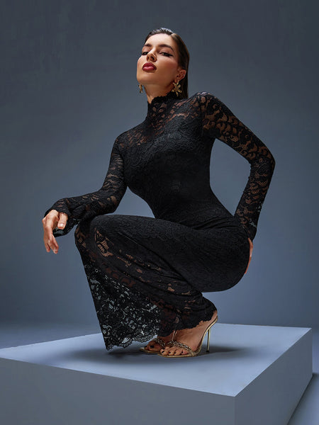 Elegant Long Lace Dress with High Collar