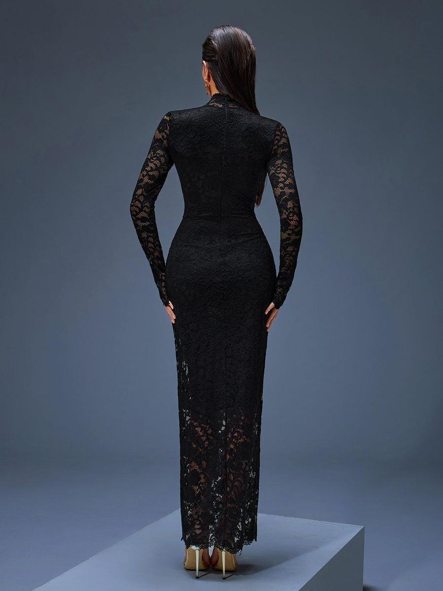 Elegant Long Lace Dress with High Collar
