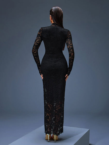 Elegant Long Lace Dress with High Collar