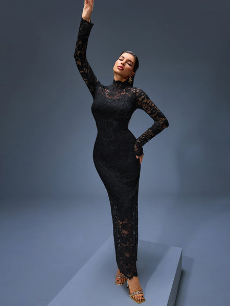Elegant Long Lace Dress with High Collar
