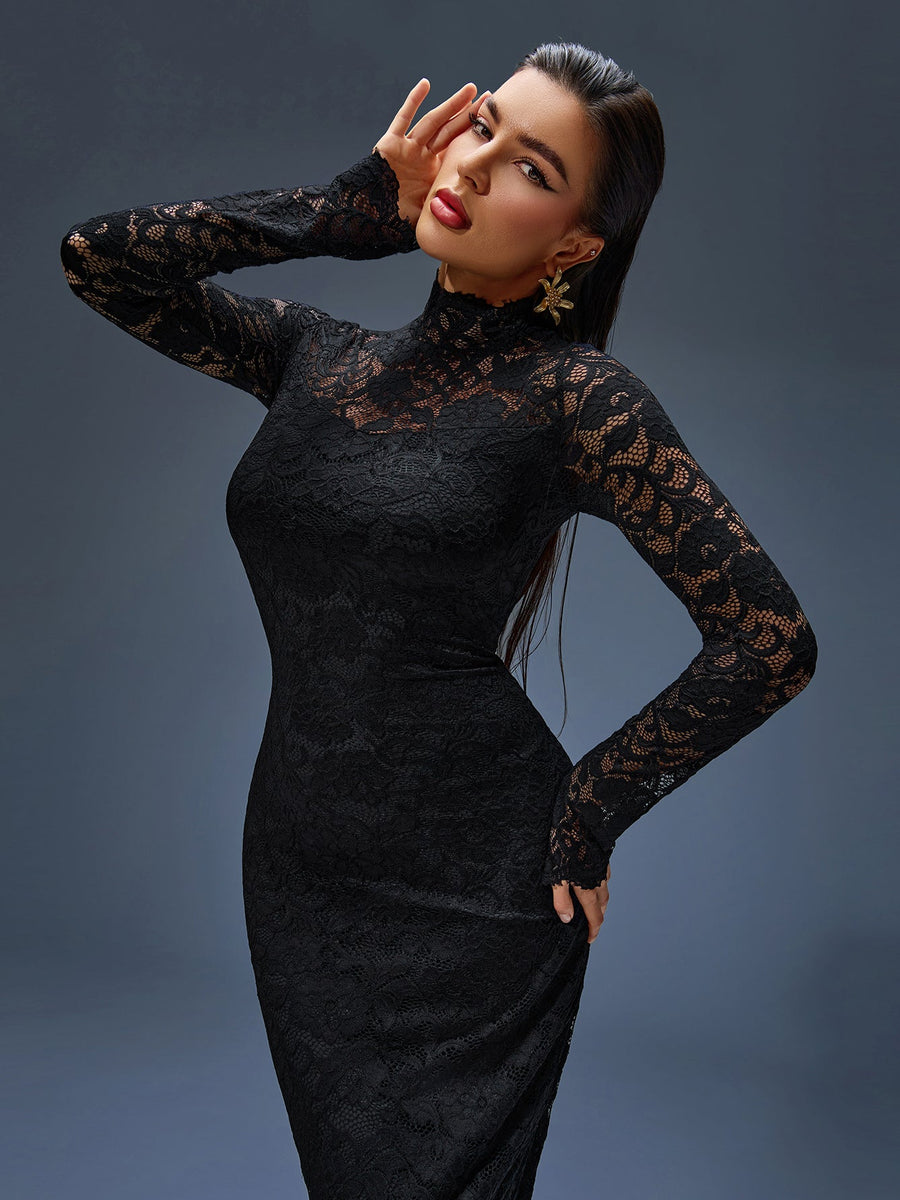 Elegant Long Lace Dress with High Collar