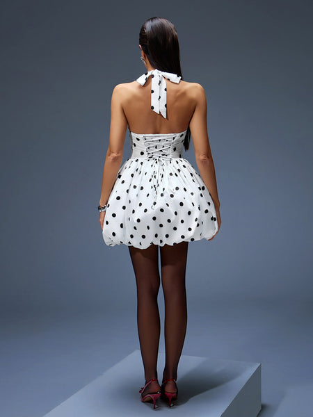 Polka Dot Ruffle Trendy Dress, Flared Cut, Halter Neck