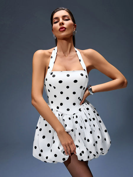 Polka Dot Ruffle Trendy Dress, Flared Cut, Halter Neck