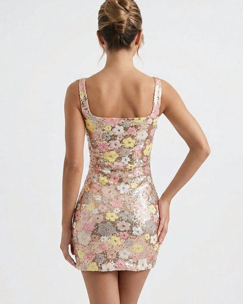 Colorful Floral Sequin Backless Mini Dress