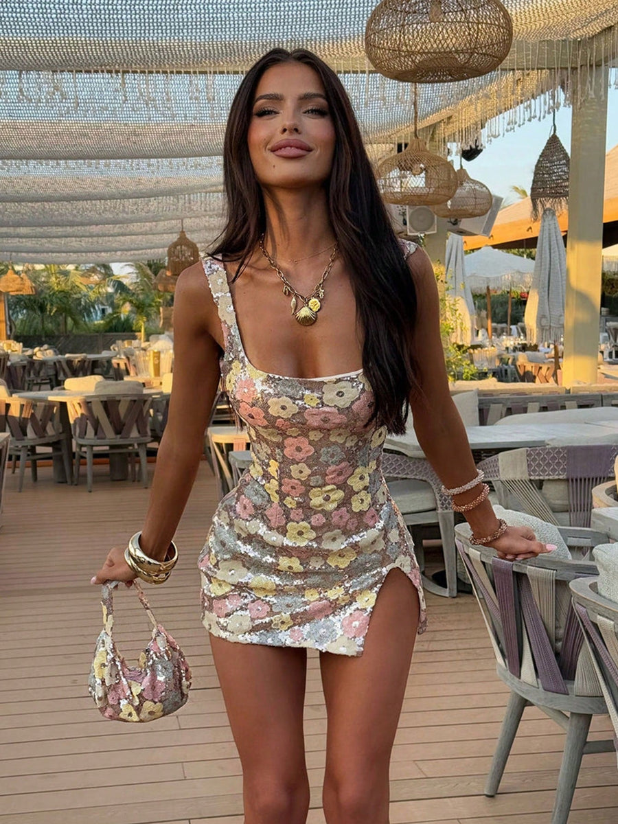 Colorful Floral Sequin Backless Mini Dress