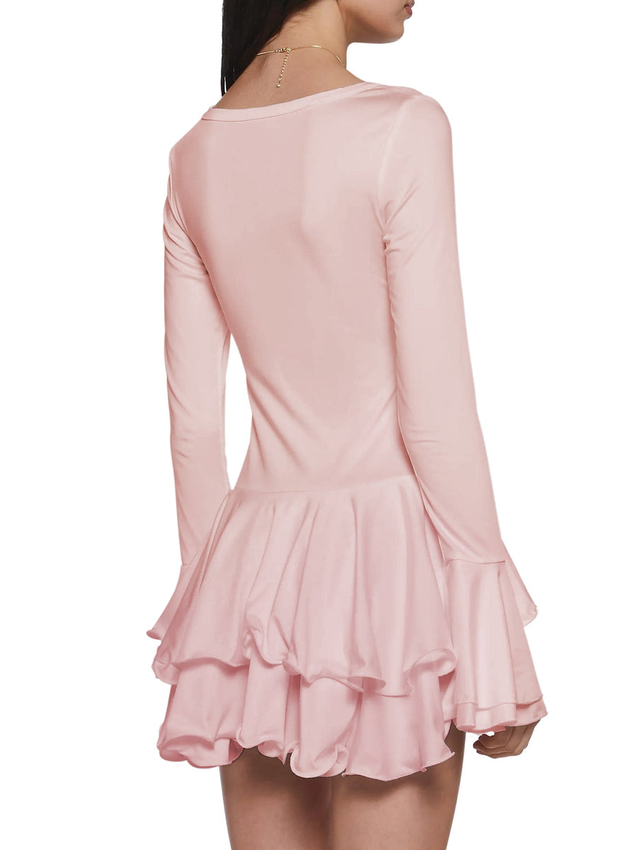 Button Design Bell Sleeve Frill Mini Dress