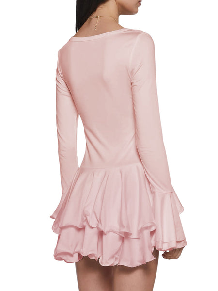 Button Design Bell Sleeve Frill Mini Dress