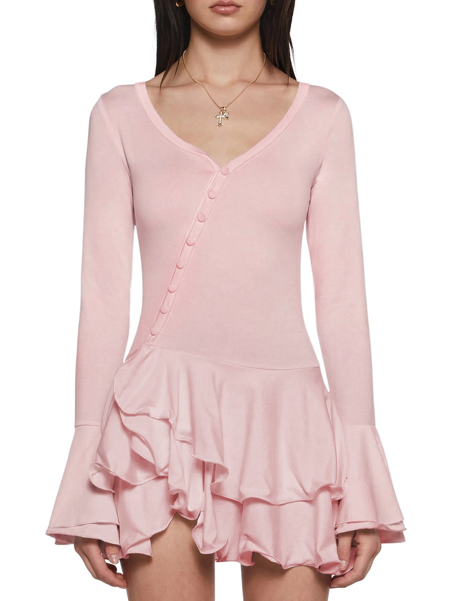 Button Design Bell Sleeve Frill Mini Dress