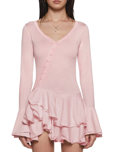 Button Design Bell Sleeve Frill Mini Dress