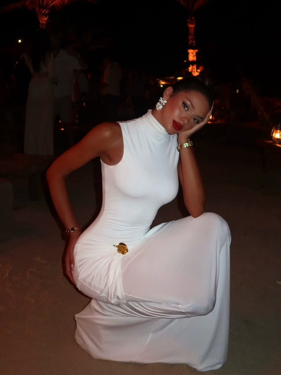 High-Neck Ruched Maxi Bodycon Dress