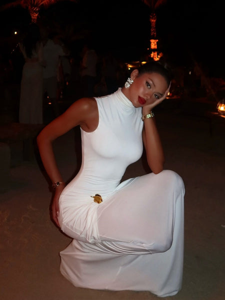 High-Neck Ruched Maxi Bodycon Dress
