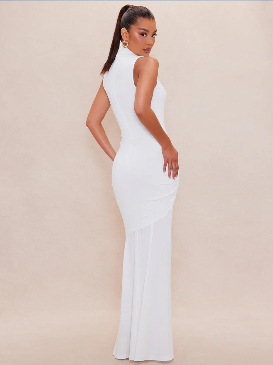 High-Neck Ruched Maxi Bodycon Dress