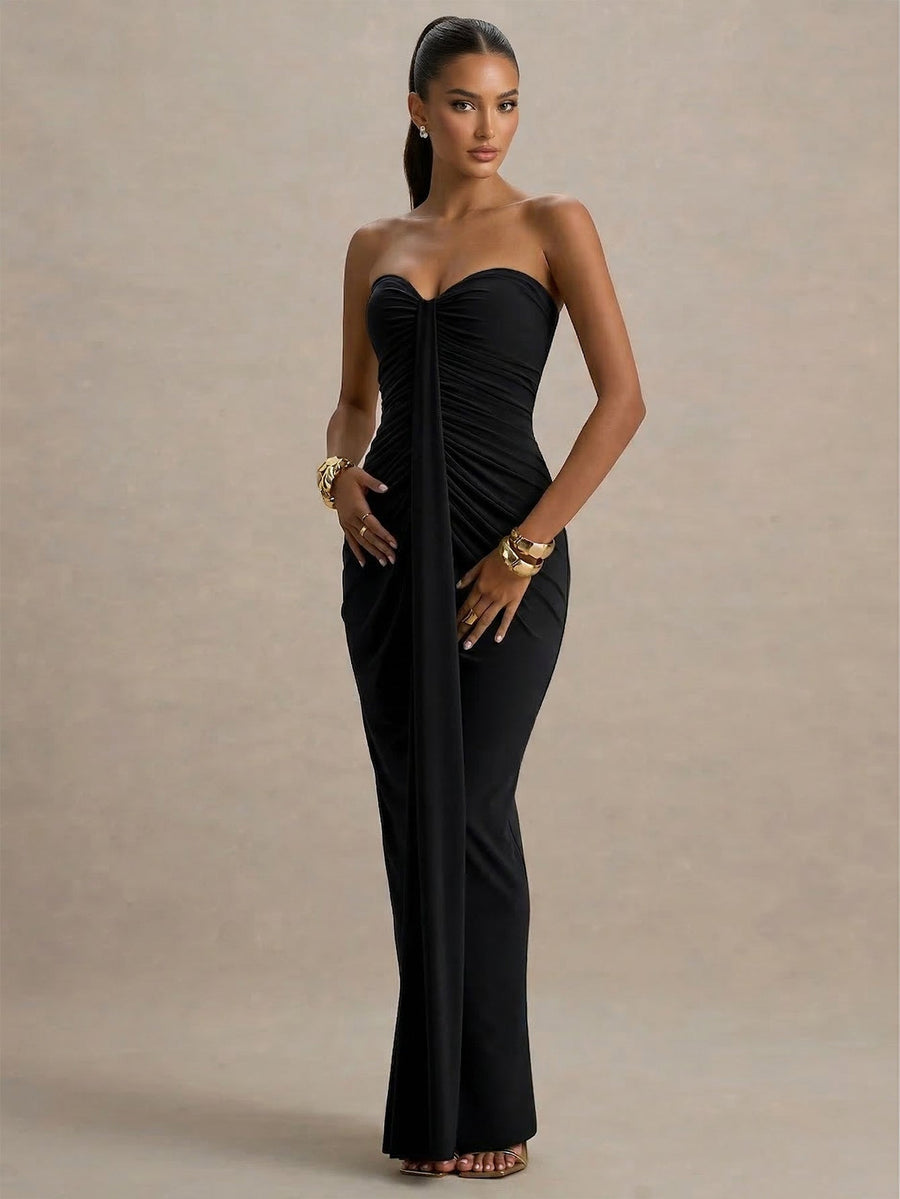 Onyx Siena — Strapless Pleated Ribbon Maxi Dress