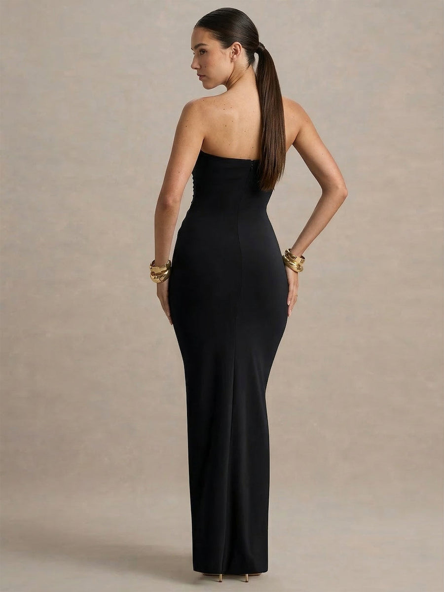 Strapless Pleated Ribbon Maxi Dress