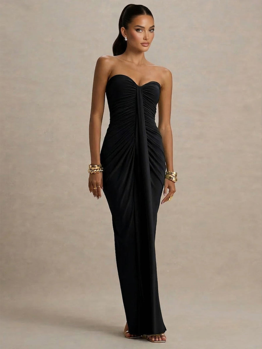 Strapless Pleated Ribbon Maxi Dress