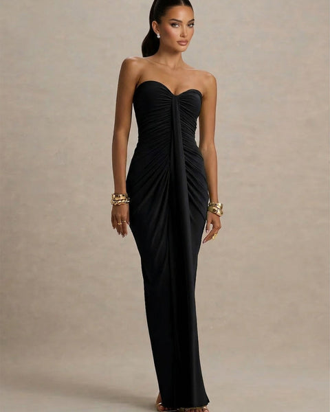 Strapless Pleated Ribbon Maxi Dress