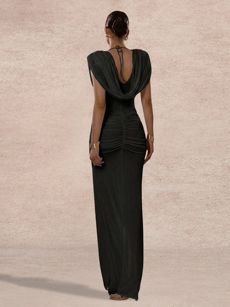 Cowl-Neck High Waist Ruched Dress