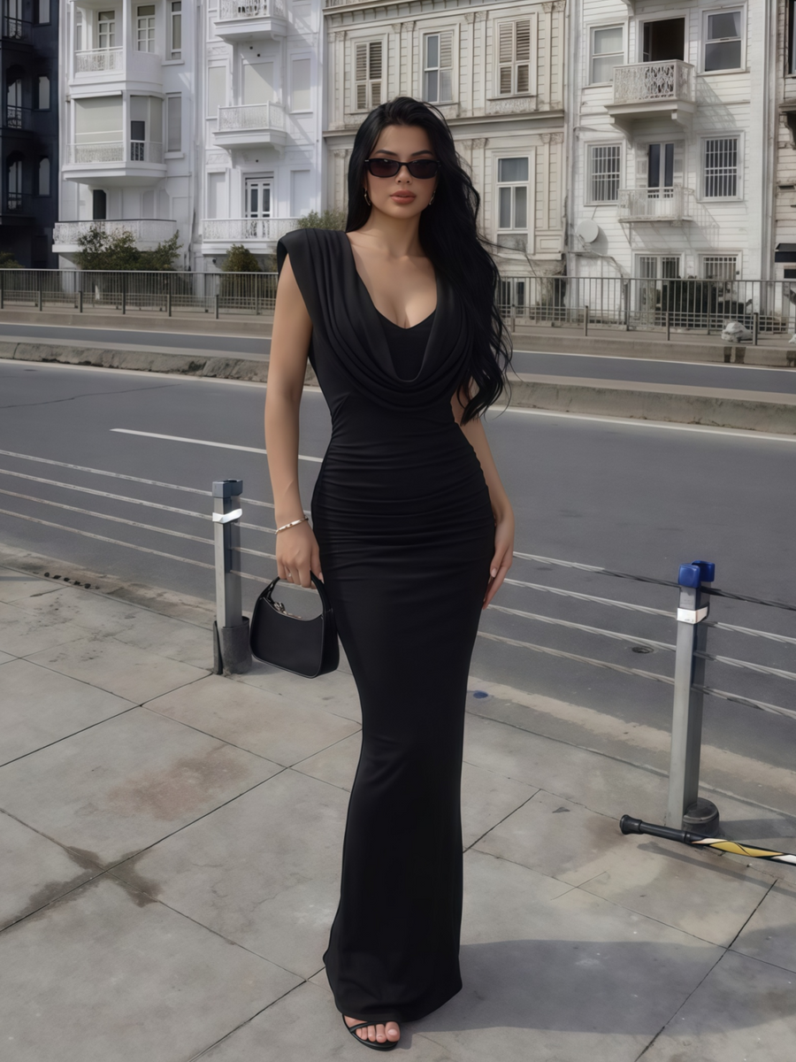 Cowl-Neck High Waist Ruched Dress
