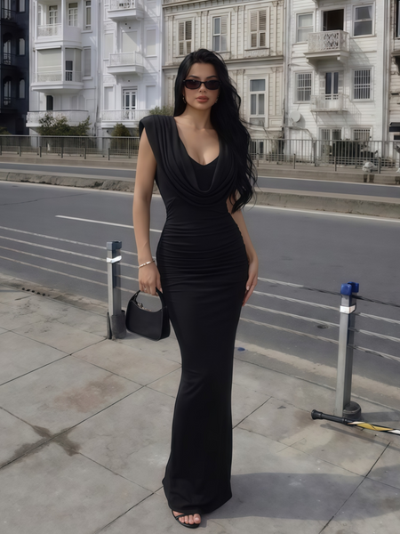 Cowl-Neck High Waist Ruched Dress