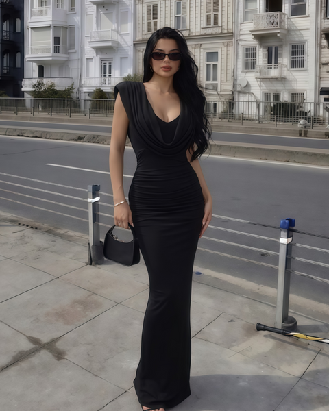 Cowl-Neck High Waist Ruched Dress