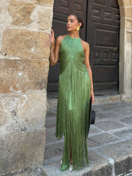 Halter Sleeveless Tassels Maxi Dress