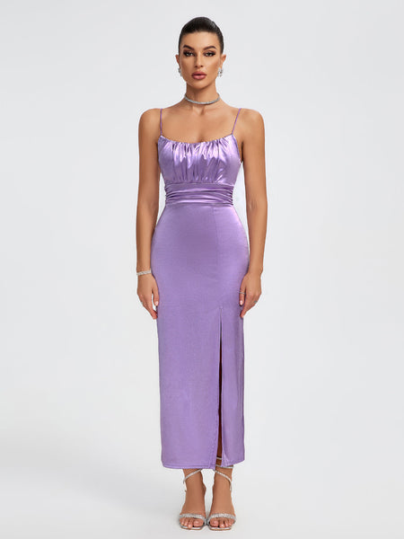 Elegant long satin dress with straps and pleats