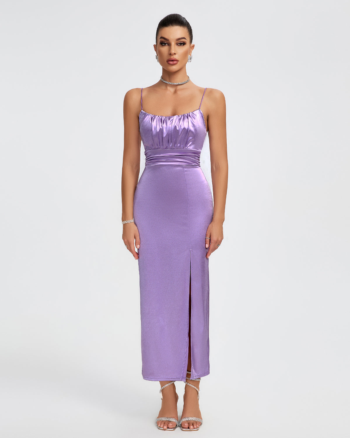 Lake Marceau — Elegant long satin dress with straps and pleats, alternate view 5