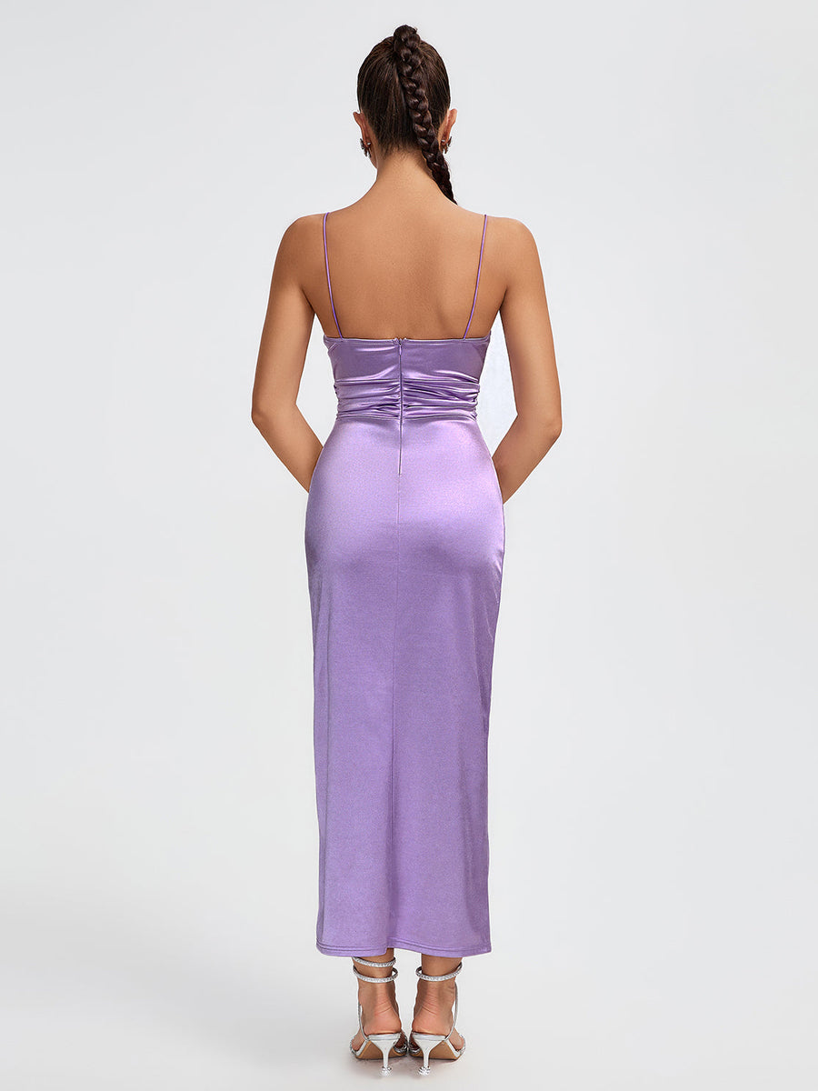 Elegant long satin dress with straps and pleats